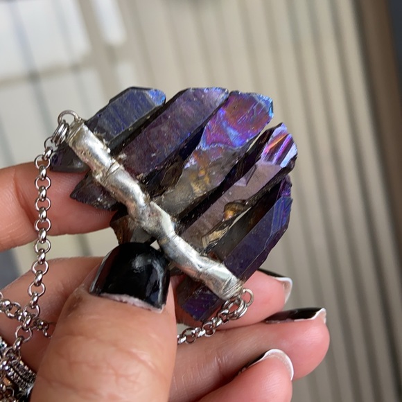 Dark purple aura crystal steel necklace boho gems - Picture 6 of 10